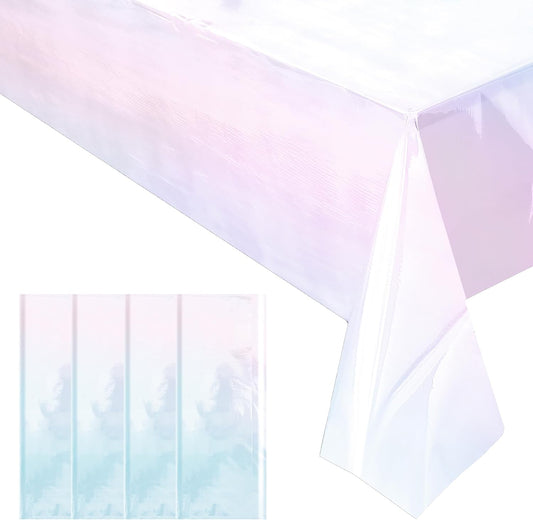 Set of 4 White Iridescent Disposable Tablecloths - 40 x 108 inches - Shiny Holographic Plastic Covers for Party, Wedding, and Banquet Decor