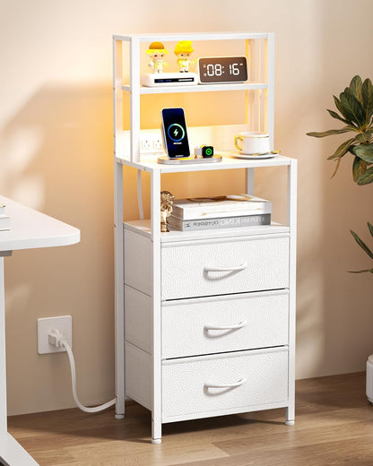 Elegant Bedside Nightstand with 4-Tier Shelving, 3 Fabric Drawers, LED Lighting, and Integrated Charging Station - Versatile Tall Table for Bedroom, Hallway, or Office in White