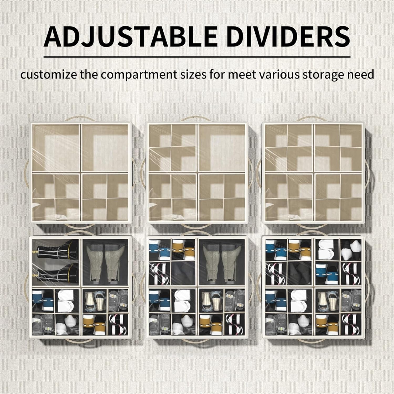 Shoe Organizer for Closet, 2 Pack Foldable Shoe Storage Organizer Box Bin with Adjustable Dividers and Clear Cover, Fits up to 16-32 Pairs (Beige)