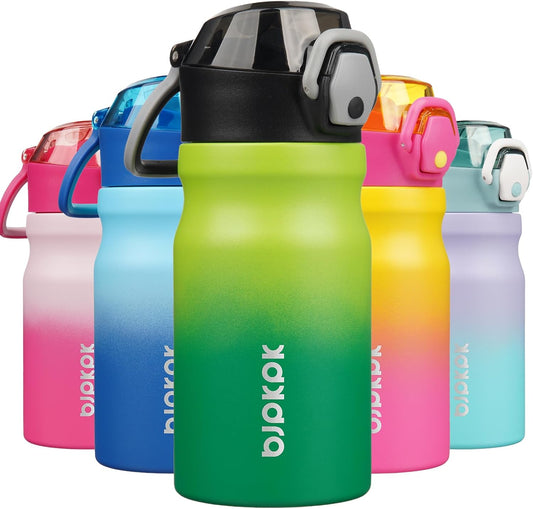 14Oz Insulated Water Bottle with Straw Stainless Steel Double Wall Water Bottles BPA Free Leak Proof Thermo with Lockable Flip Lid and Soft Silicone Spout,Bamboo Grove