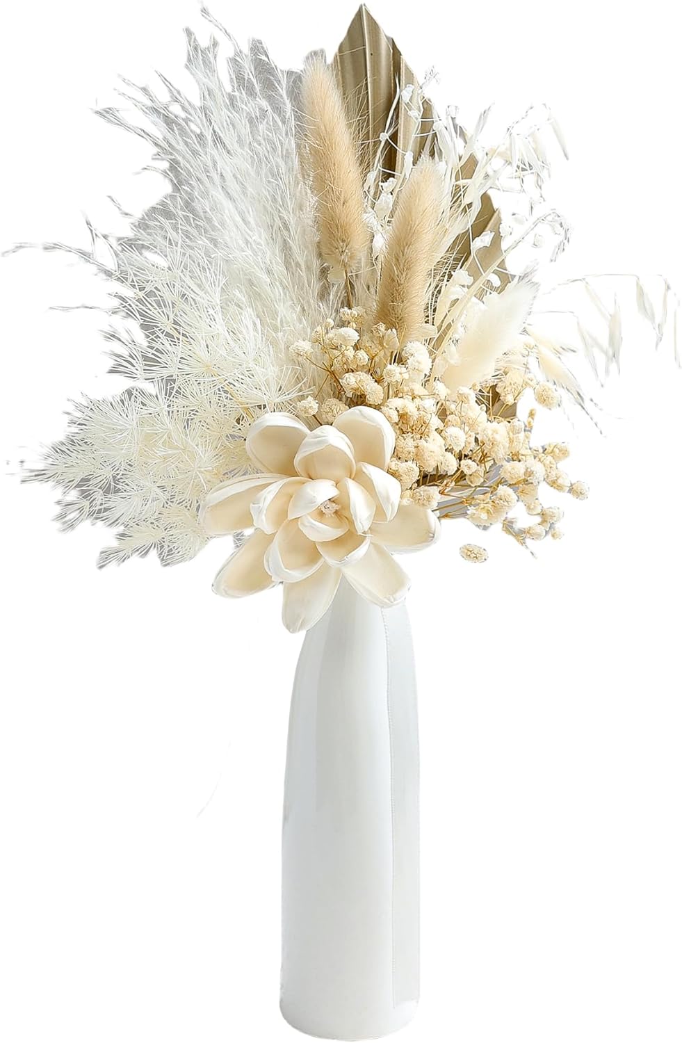 Dried Flowers Bouquet with Vase,Dried Pampas Grass Bouquet, Dried Flowers for Boho Home Decor,Farmhouse Decor, Wedding Party Table Centrepieces. (White)