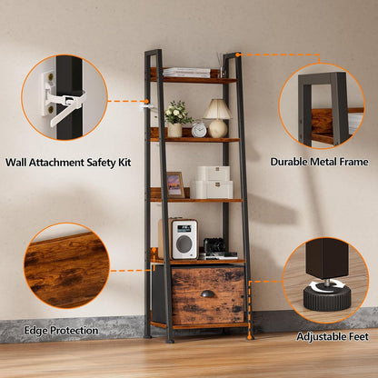 5-Tier Ladder Shelf, Ladder Bookshelf with Removable Drawer, Rustic Bookcase Storage Rack Organizer, Wood Metal Freestanding Storage Shelf for Living Room, Home Office, Bedroom, Balcony