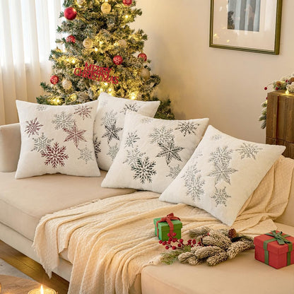Pack of 2 Christmas Decorative Throw Pillow Covers Soft Faux Fur Pillow Cases with Embroidery Snowflake Winter Cute Pillowcases Holiday Decor for Couch Sofa Bedroom, 18×18 Inch, Black