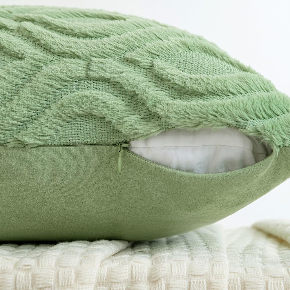 Sage Green Throw Pillow Covers 18X18 Inch, Soft Plush Faux Wool Couch Pillow Covers Set of 2 Decorative Farmhouse Boho Throw Pillows for Sofa Living Room Bed