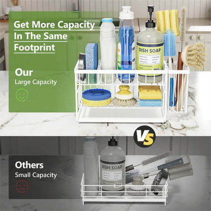 White 2-Tier Kitchen Sink Caddy Organzier Rack with Flexible Dish Brush Holder, Sponge Holder for Kitchen Sink Countertop Organization Storage,Home Decor Accessories