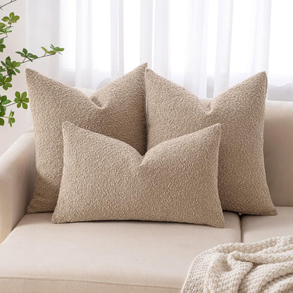 18X18 Inch Decorative Pillow Covers for Couch Bed Set of 2 Textured Boucle Neutral Throw Pillows Khaki Accent Solid Cushion Pillowcase Cozy Soft Sofa Livingroom Home Decor