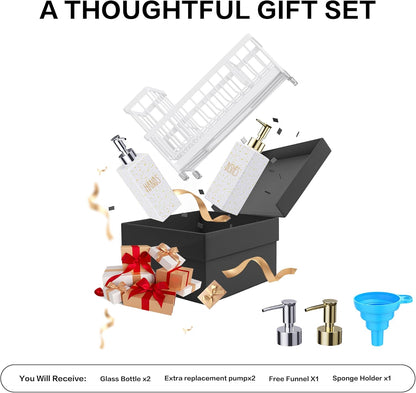 Dish Soap Dispenser, 12 Fl Oz Dual Kitchen Soap Dispensers with Sponge Holder, Pump Glass Bottle Kitchen Soap Dispenser Set, Modern Hand and Dish Soap Bottle Set Removable