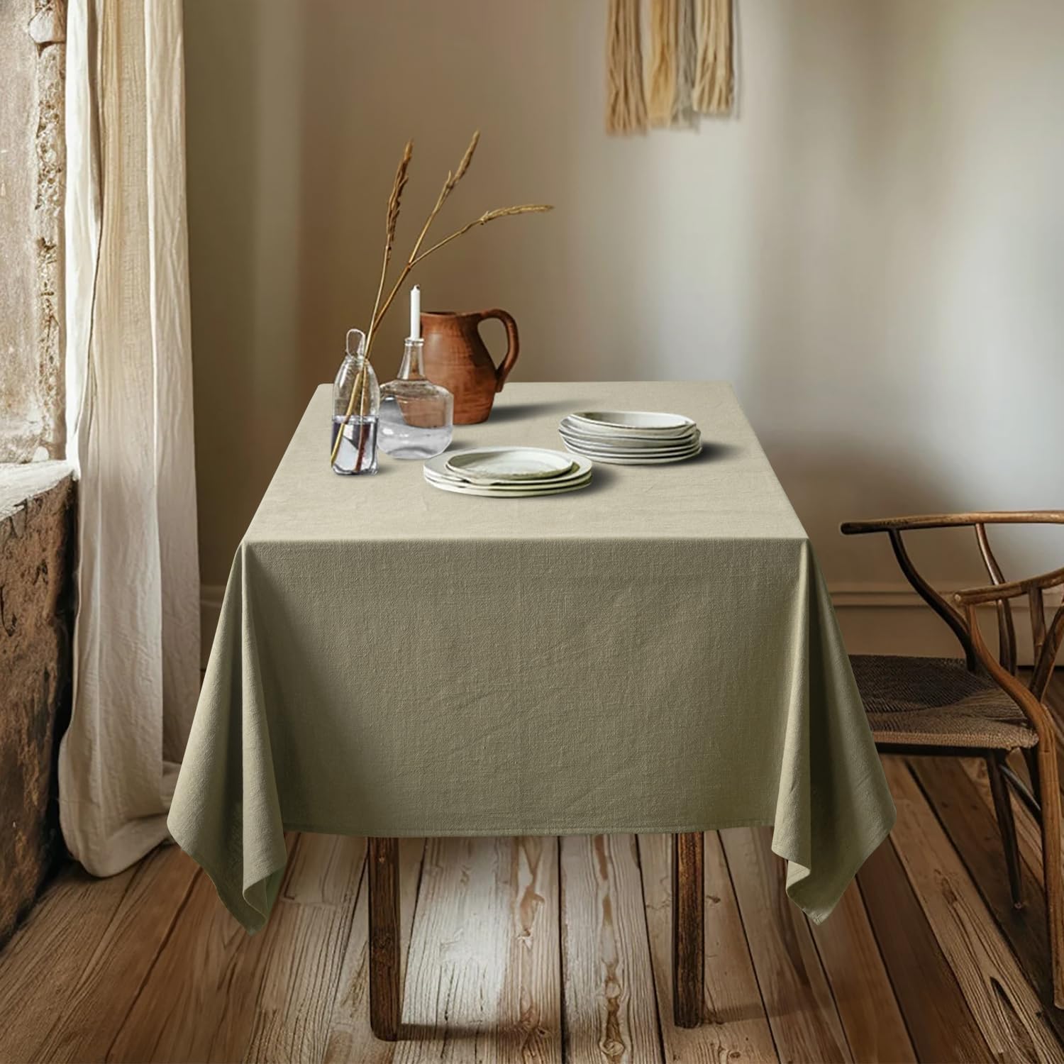 Linen Cotton Blend Tablecloth Rectangle, Luxury Waterproof Stain Resistant Durable Farmhouse Oblong Table Cloth for Dining Party Weddings Birthday Events Boho Decor, 52 X 84 Inch, Olive Green