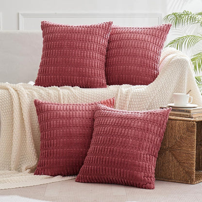 Pack of 4 Corduroy Decorative Throw Pillow Covers 16X16 Inch Soft Boho Striped Pillow Covers Modern Farmhouse Home Decor for Sofa Living Room Couch Bed Cranberry Red