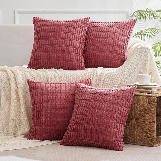Pack of 4 Corduroy Decorative Throw Pillow Covers 16X16 Inch Soft Boho Striped Pillow Covers Modern Farmhouse Home Decor for Sofa Living Room Couch Bed Cranberry Red