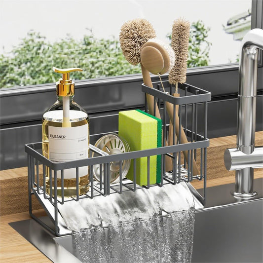 Sink Caddy Organzier with High Brush Holder, Sponge Holder for Sink, 304 Rustproof Stainless, Kitchen Countertop Soap Dispenser Organizer, Dark Gray Kitchen Decor and Accessories