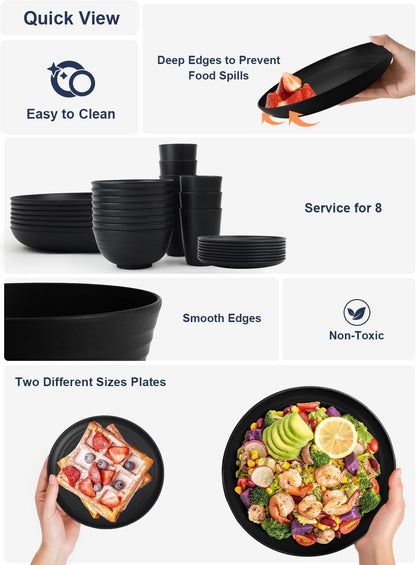 Wheat Straw 32-Piece Dinnerware Set for 8 - Includes Deep Plates, Cereal Bowls, and Drinking Cups, Microwave and Dishwasher Safe, Black Finish