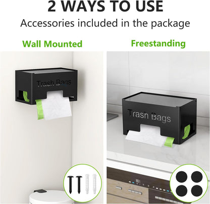 Trash Bag Holder, Metal Trash Bag Dispenser Roll Holder, Kitchen Trash Bag Organizer for Cabinet, Countertop, Wall Mounted or Freestanding, Black