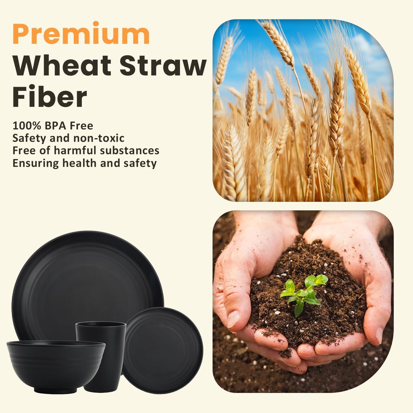 Wheat Straw 32-Piece Dinnerware Set for 8 - Includes Deep Plates, Cereal Bowls, and Drinking Cups, Microwave and Dishwasher Safe, Black Finish