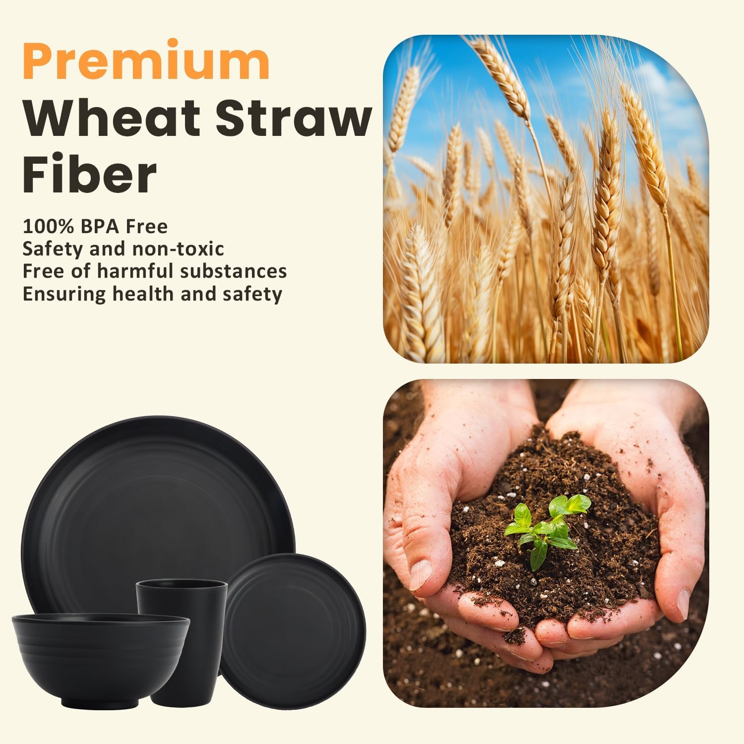 Wheat Straw 32-Piece Dinnerware Set for 8 - Includes Deep Plates, Cereal Bowls, and Drinking Cups, Microwave and Dishwasher Safe, Black Finish