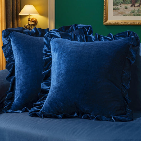 Velvet Ruffle Throw Pillow Covers Soft Luxurious Navy Blue Pack of 2 18X18 Inch Square Cushions Vintage Gothic Decorative Ruffled Pillow Shams for Sofa Couch Bedroom Chair