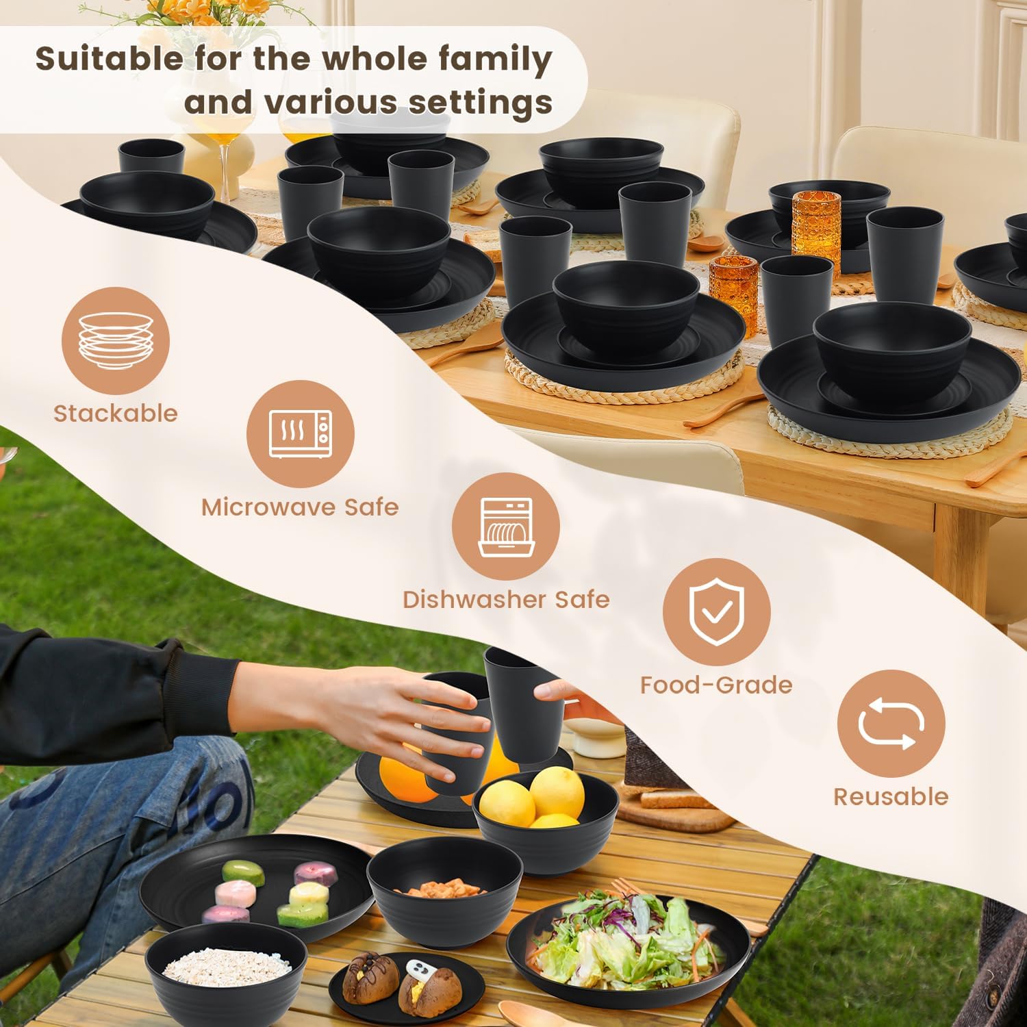 Wheat Straw 32-Piece Dinnerware Set for 8 - Includes Deep Plates, Cereal Bowls, and Drinking Cups, Microwave and Dishwasher Safe, Black Finish