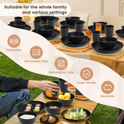 Wheat Straw 32-Piece Dinnerware Set for 8 - Includes Deep Plates, Cereal Bowls, and Drinking Cups, Microwave and Dishwasher Safe, Black Finish