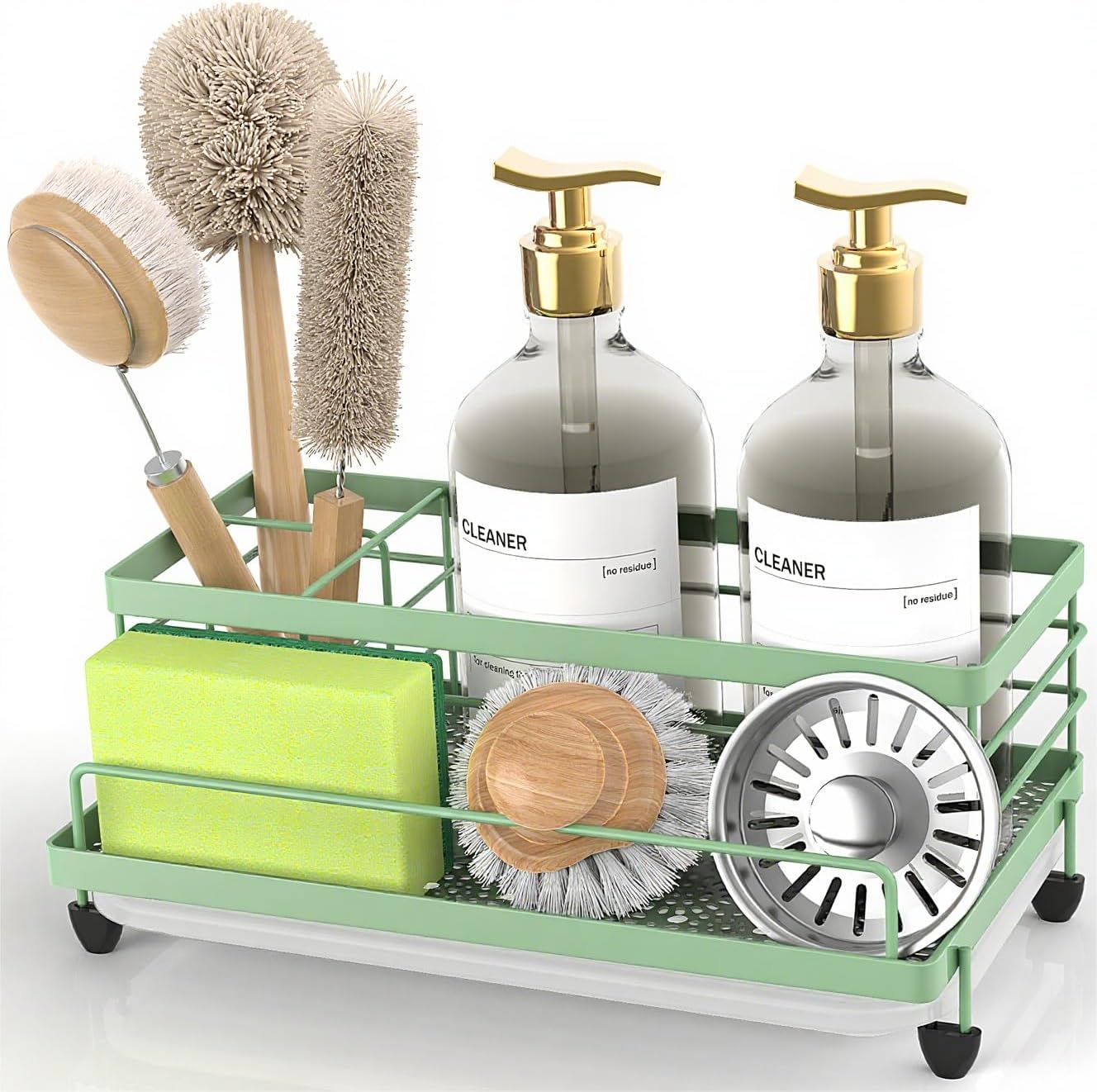 Sage Green Sponge Holder for Kitchen, Sink Caddy Sink Organizer Rack for Kitchen Accessories with Drip Tray, Rustproof and Non-Slip, Soap Dispenser Countertop Organizer Essentials for New Home