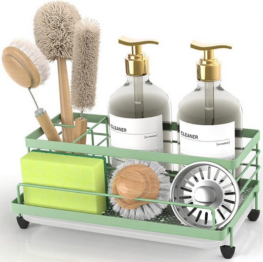 Sage Green Sponge Holder for Kitchen, Sink Caddy Sink Organizer Rack for Kitchen Accessories with Drip Tray, Rustproof and Non-Slip, Soap Dispenser Countertop Organizer Essentials for New Home