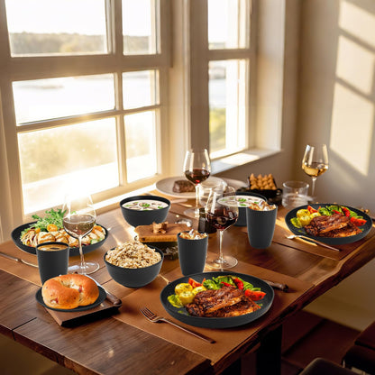 Wheat Straw 32-Piece Dinnerware Set for 8 - Includes Deep Plates, Cereal Bowls, and Drinking Cups, Microwave and Dishwasher Safe, Black Finish