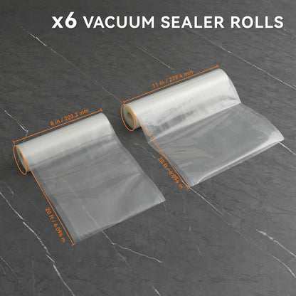 8" X 20' and 11" X 20' Vacuum Sealer Roll, 6 Pack-Ideal for Food Storage, Sous Vide, and Meal Prep, Keep Food Fresh and Nutrients,  Lite