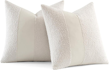 Boucle Throw Pillow Covers 18X18 Inch Set of 2 White Faux Leather Textured Decorative Pillow Cases Boho Farmhouse Accents Cushion Covers for Couch Bed Livingroom Home Decor