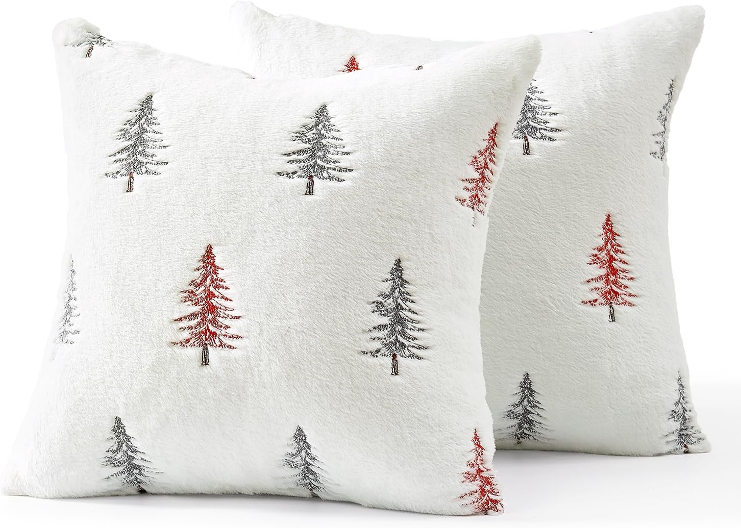Christmas Decorative Pillow Covers Set of 2 Faux Fur Throw Pillows with Embroidered Christmas Tree 18X18 Inch White Red Winter Couch Covers for Festival Sofa Bedroom Living Room Home Decor