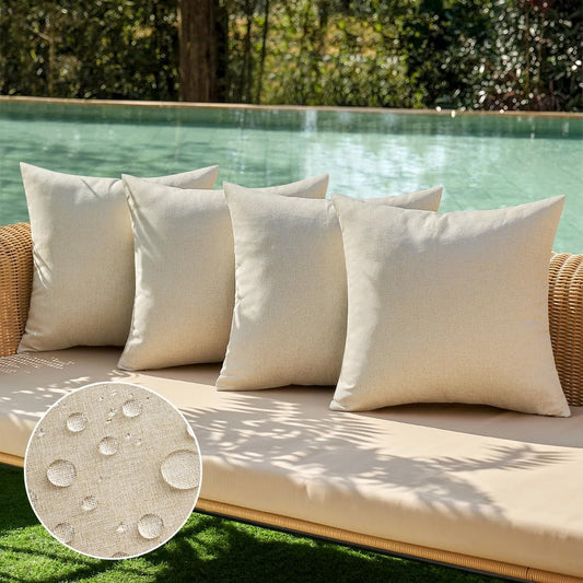Pack of 4 Decorative Outdoor Throw Pillow Covers Linen Waterproof Pillow Covers Farmhouse Cushion Cases for Patio Garden Tent Balcony Couch Sofa 18X18 Inch Beige