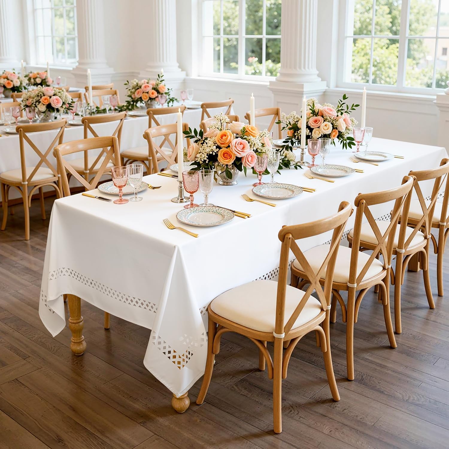 White Rectangle Linen Tablecloth with Decorative Cutouts Waterproof Stain Resistant & Shrink-Proof Table Cloth 52X70 Inch Farmhouse Style for Dining Wedding Party and Outdoor Picnics