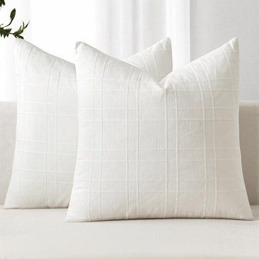 Decorative Linen Check Throw Pillow Covers Neutral Farmhouse Vintage Pillow Covers Christmas 18X18 Inch Set of 2 Boho Modern Home Decor for Sofa Couch Bedroom Cushion Chair Cream White