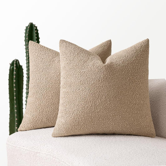 18X18 Inch Decorative Pillow Covers for Couch Bed Set of 2 Textured Boucle Neutral Throw Pillows Khaki Accent Solid Cushion Pillowcase Cozy Soft Sofa Livingroom Home Decor