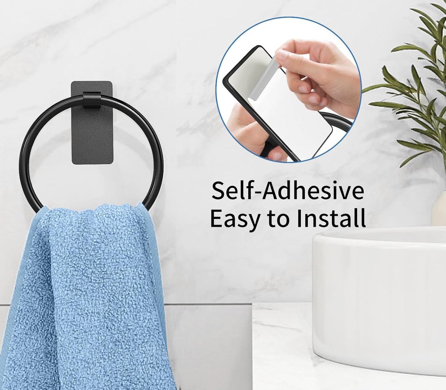 Adhesive Towel Ring, Hand Towel Holder for Bathroom Wall Mounted, Adhesive round Towel Ring for Bath RV, Black