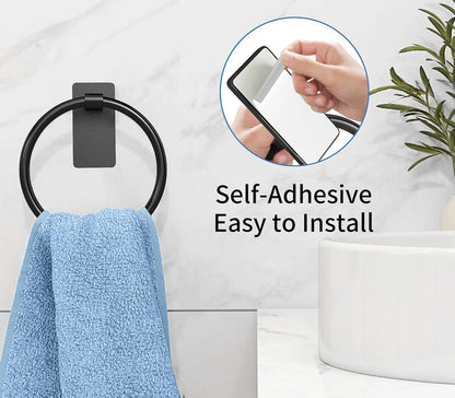 Adhesive Towel Ring, Hand Towel Holder for Bathroom Wall Mounted, Adhesive round Towel Ring for Bath RV, Black