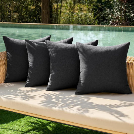 Pack of 4 Decorative Outdoor Throw Pillow Covers Linen Waterproof Pillow Covers Farmhouse Cushion Cases for Patio Garden Tent Balcony Couch Sofa 16X16 Inch Black