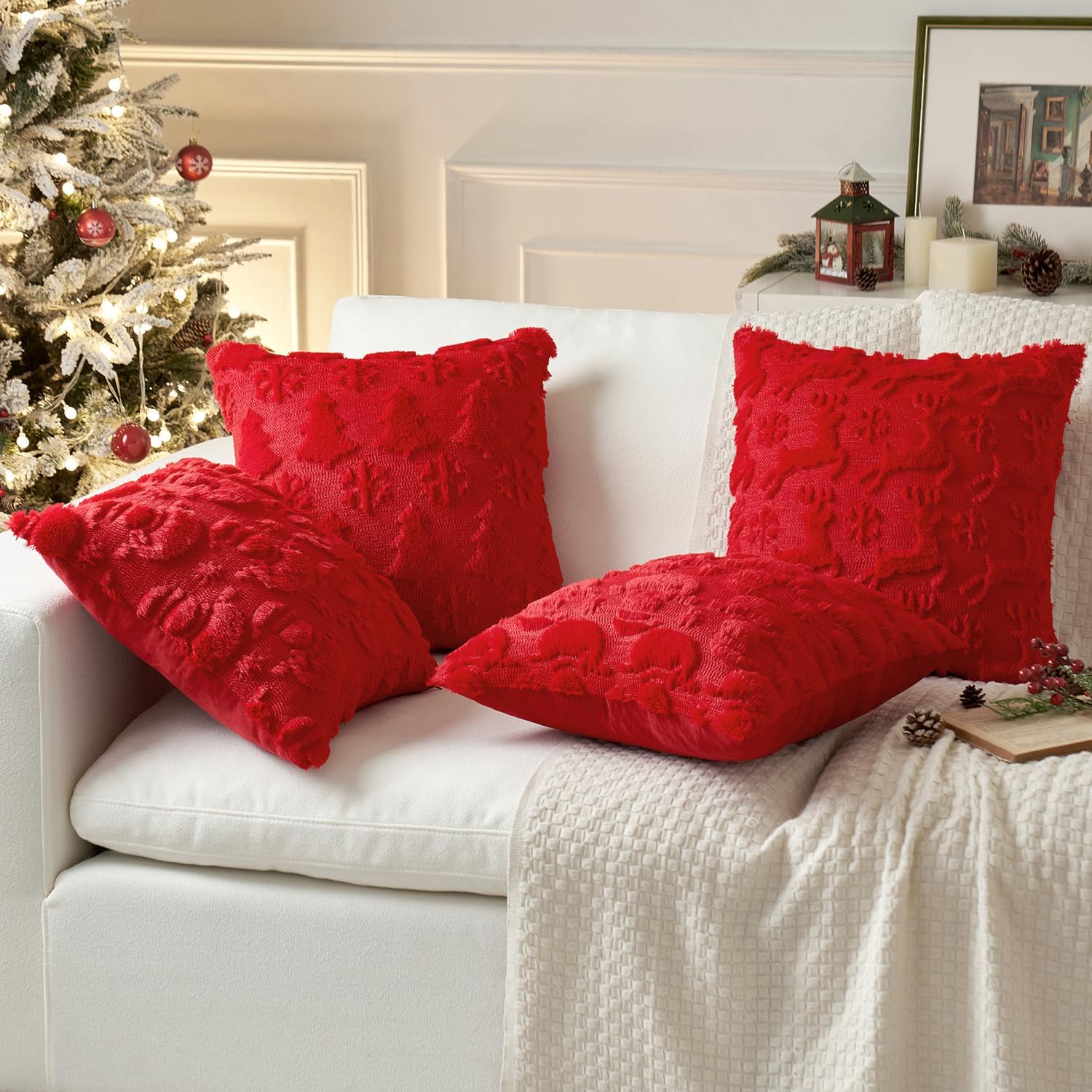 Christmas Reindeer and Snowflakes Pillow Covers 18X18 Inch Red Throw Pillows Set of 2 Decorative Festival Soft Fluffy Winter Pillow Covers for Home Decors Couch Sofa Livingroom Bed