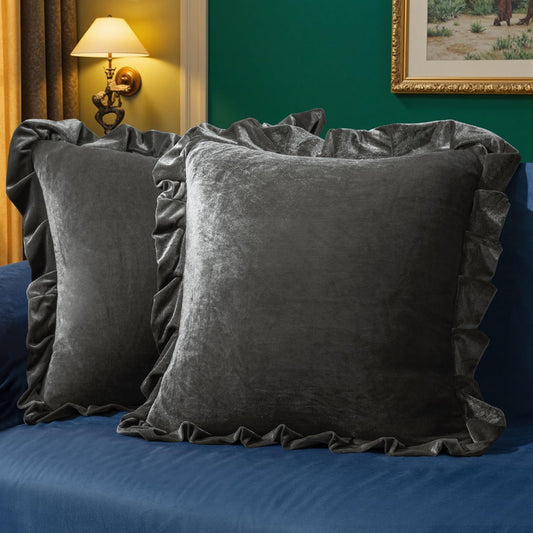 Velvet Ruffle Throw Pillow Covers Soft Luxurious Silver Gray Pack of 2 18X18 Inch Square Cushions Vintage Gothic Decorative Ruffled Pillow Shams for Sofa Couch Bedroom Chair