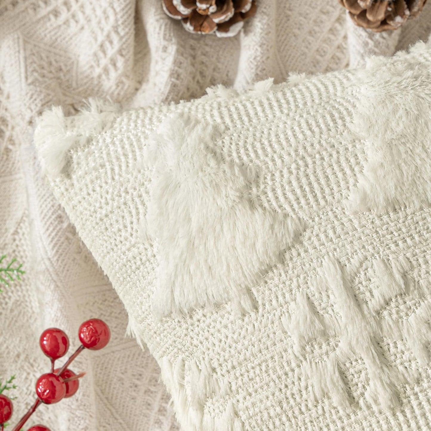 Christmas Throw Pillow Covers 18X18 Set of 2 Christmas Decorations Cream White Soft Plush Faux Fur Wool Xmas Tree Snowflakes Pillowcases Holiday Festivals Winter Home Decor Sofa Couch Bed Porch