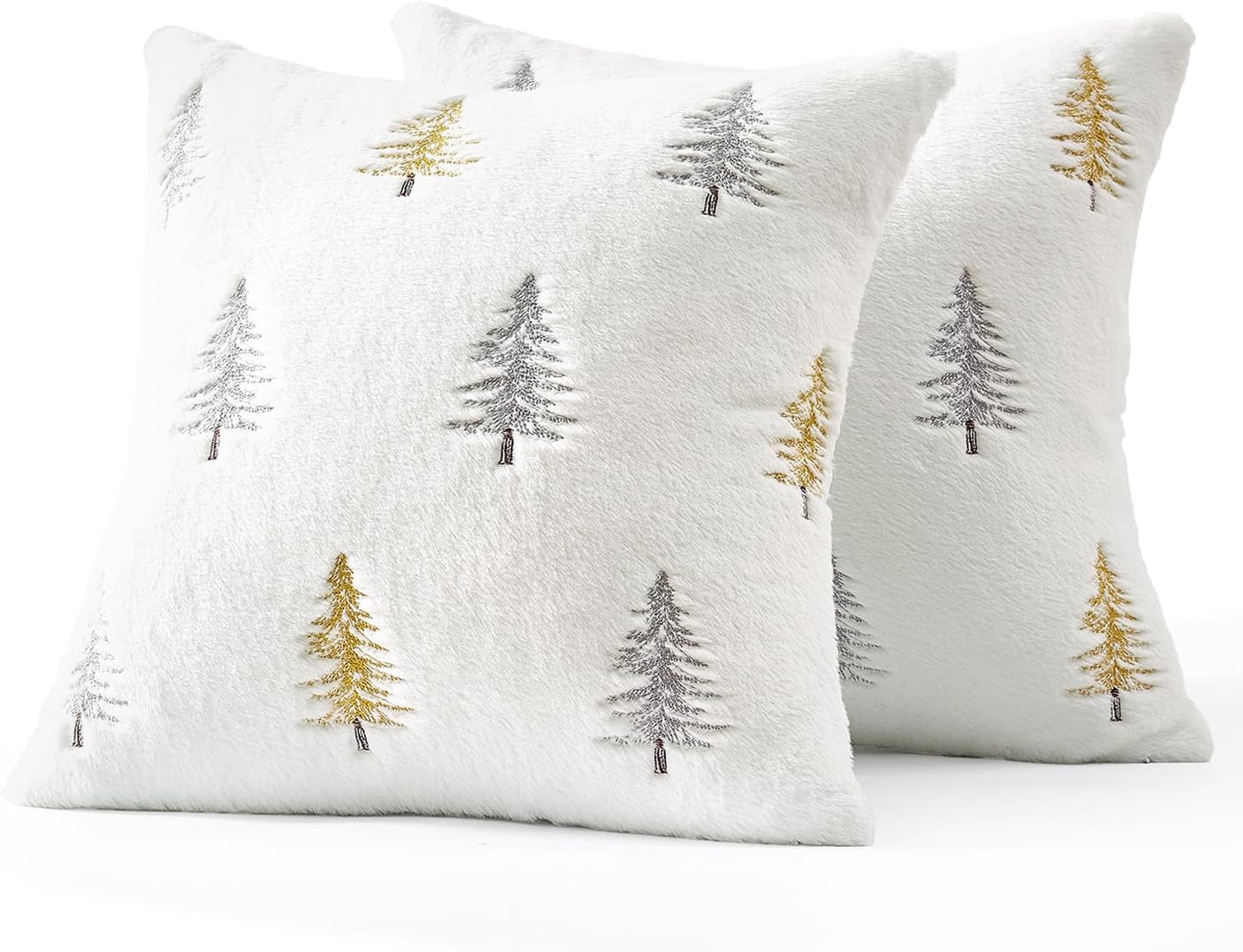 Christmas Decorative Pillow Covers Set of 2 Faux Fur Throw Pillows with Embroidered Christmas Tree 18X18 Inch White Gold Winter Couch Covers for Festival Sofa Bedroom Living Room Home Decor