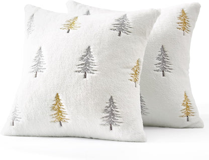 Christmas Decorative Pillow Covers Set of 2 Faux Fur Throw Pillows with Embroidered Christmas Tree 18X18 Inch White Gold Winter Couch Covers for Festival Sofa Bedroom Living Room Home Decor