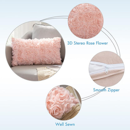 Spring Romantic Stereo Chiffon Rose Flower Pillow Cover with New Pillow Inserts 12X20