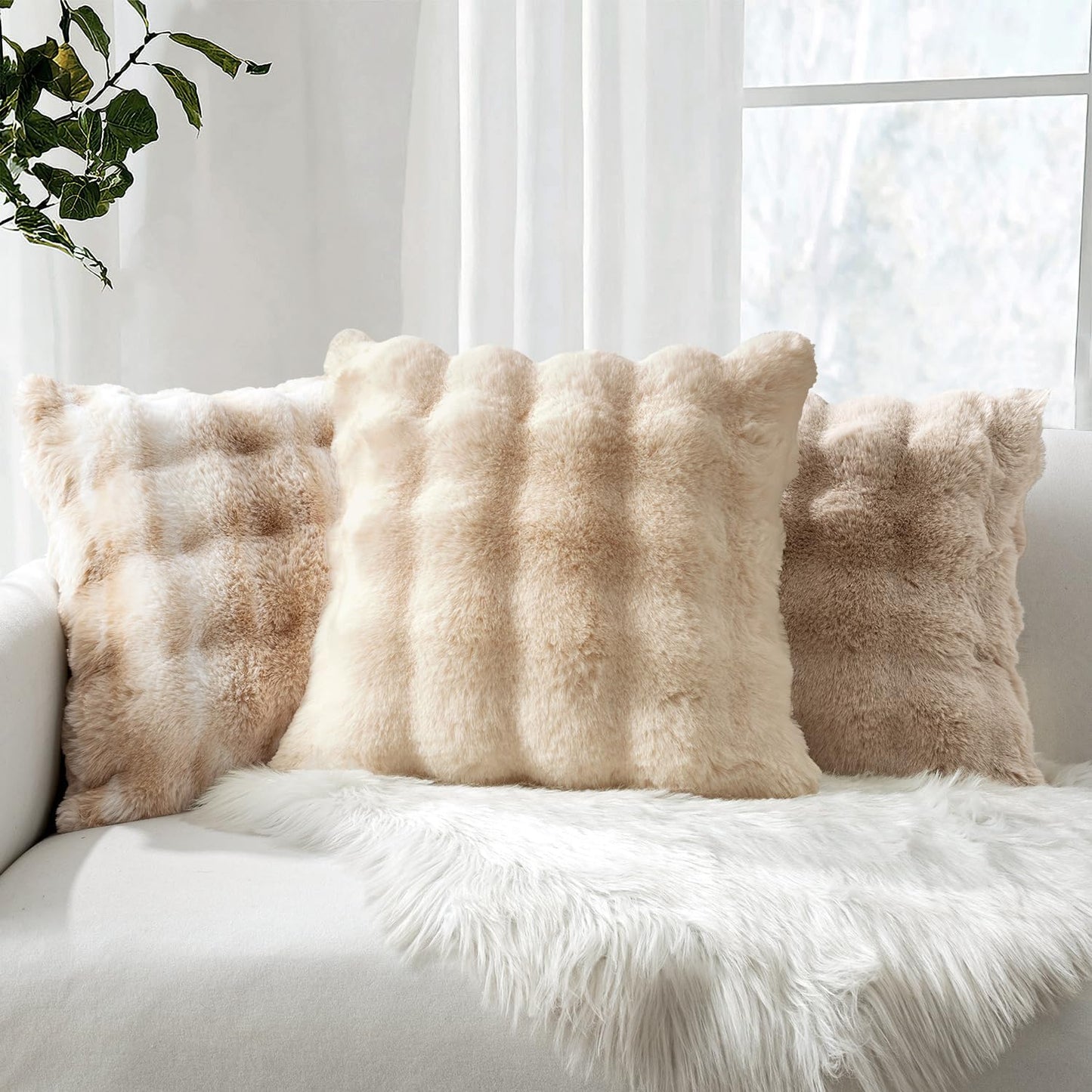Pack of 2 Decorative Pillow Covers Thick Soft Plush Faux Fur Throw Pillows Luxury Home Decor for Couch Bedroom Living Room Sofa,20X20 Inch Beige