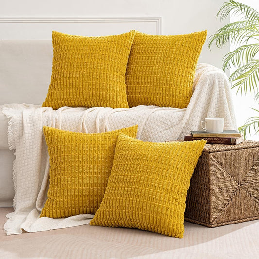 Pack of 4 Mustard Yellow Corduroy Decorative Spring Throw Pillow Covers 16X16 Inch Soft Boho Striped Pillow Covers Modern Farmhouse Home Decor for Sofa Living Room Couch Bed
