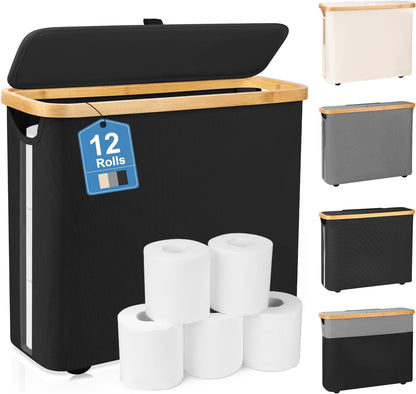 Toilet Paper Storage Basket, Toilet Paper Container with Lid, Bathroom Organizer Hold up to 9 Mega Rolls or 12 Regular Rolls, Black