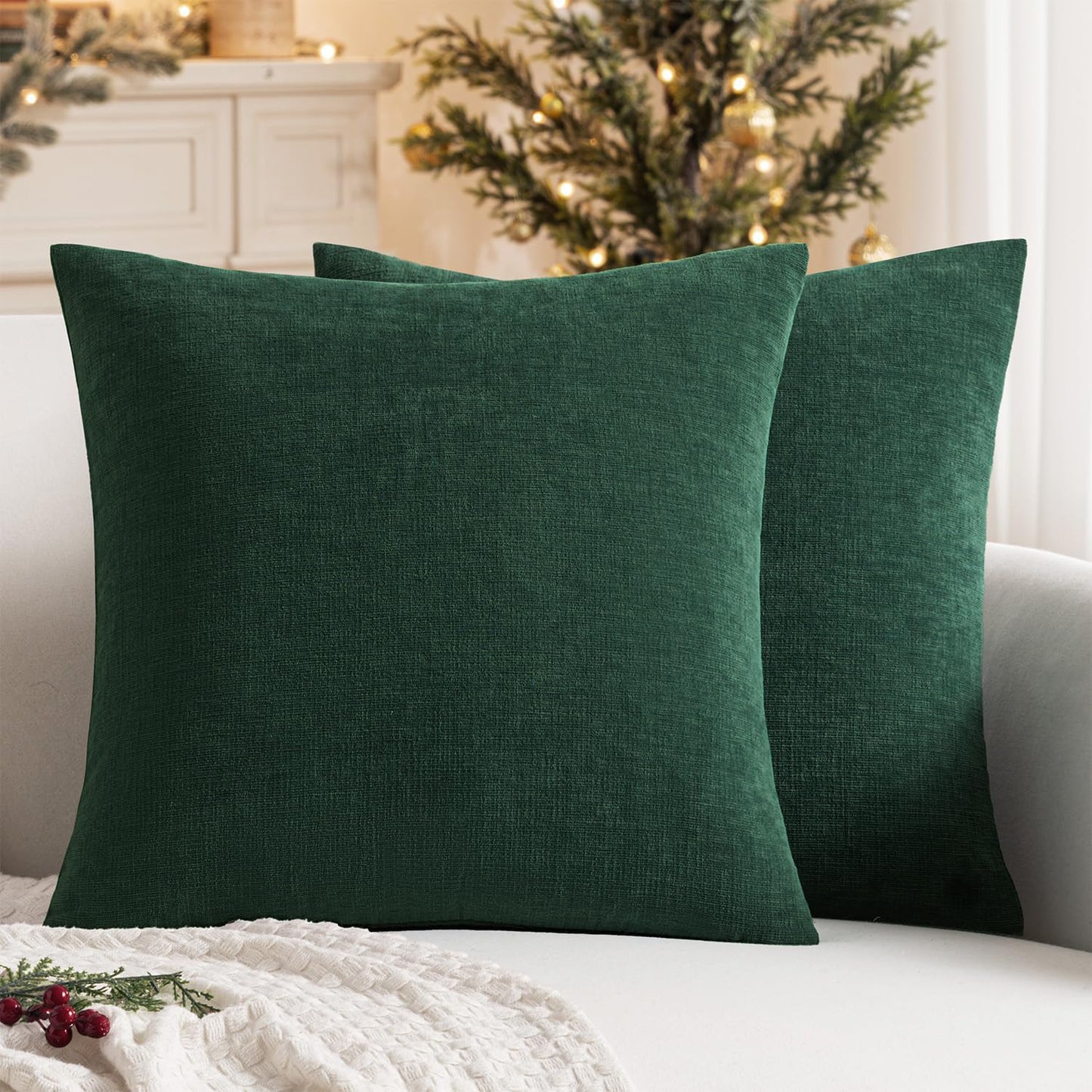 Dark Green Couch Pillow Covers 18X18 Inch, Set of 2 Soft Chenille Decorative Square Throw Pillow Covers Christmas Farmhouse for Sofa Living Room Bed