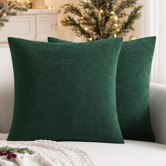 Dark Green Couch Pillow Covers 18X18 Inch, Set of 2 Soft Chenille Decorative Square Throw Pillow Covers Christmas Farmhouse for Sofa Living Room Bed