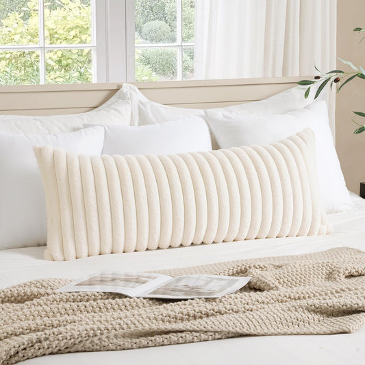 1 Piece Faux Fur Lumbar Christmas Decorative Throw Pillow Covers 14X36 Inch, Retro Vintage Boho Home Decor Soft Plush Couch Pillows Cozy Fluffy Cushion Covers for Sofa Bed Beige