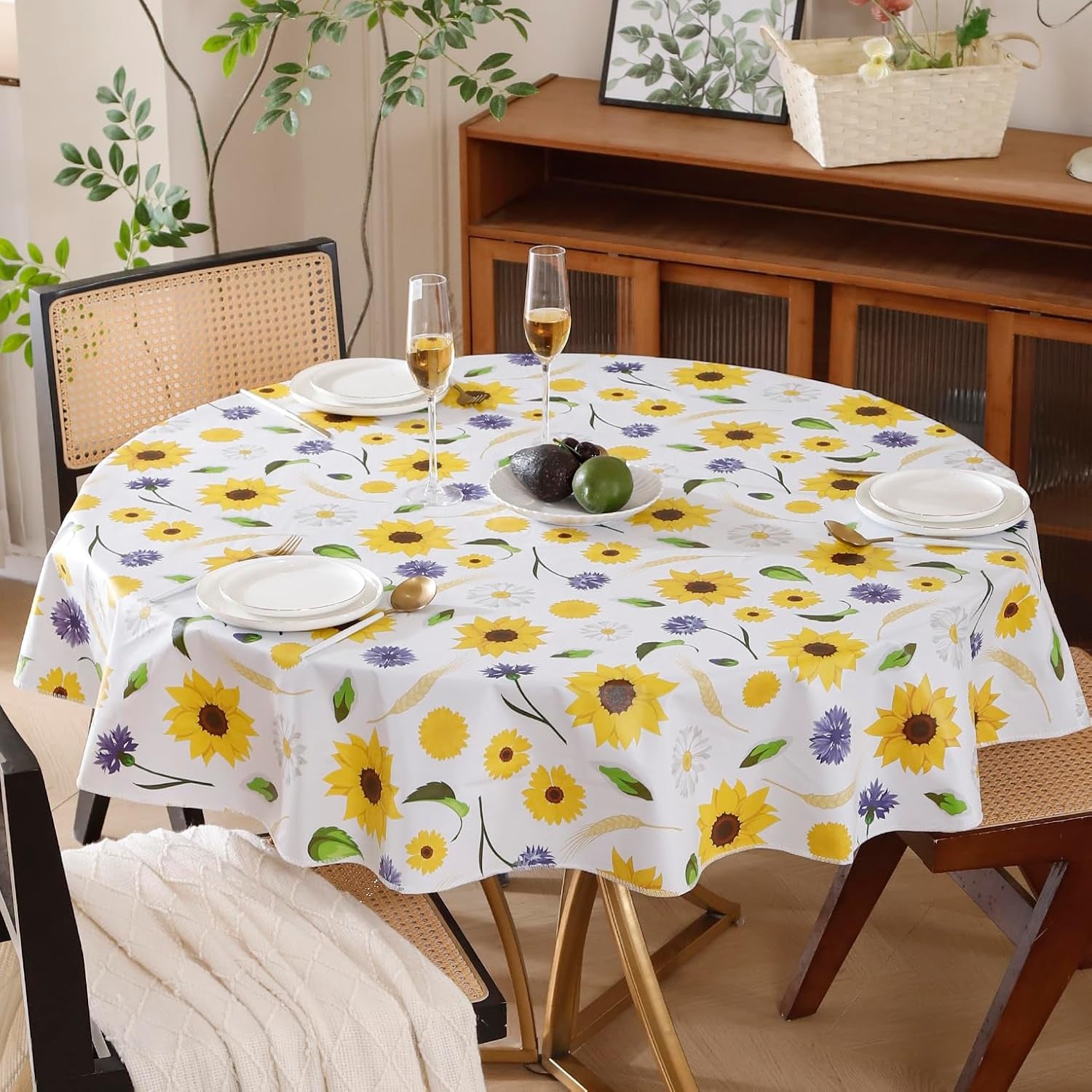 Round Vinyl Tablecloth with Flannel Backing Waterproof Oil-Proof PVC Table Cloth Stain-Resistant Wipeable Table Cover for round Table(48" Round)