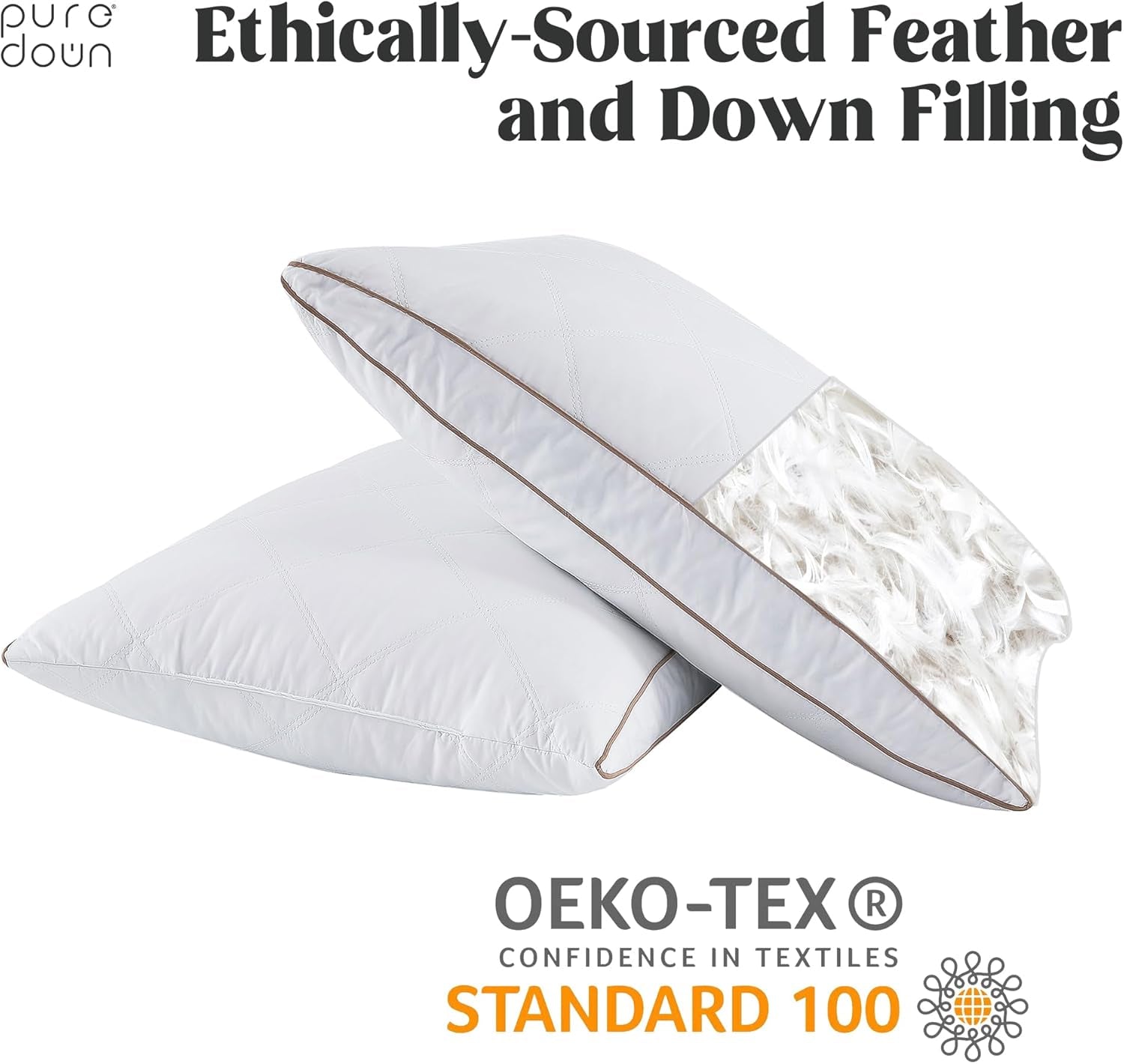 ® Natural Goose down Feather Pillows for Sleeping Oval Gusseted Feather down Pillow 100% Cotton Pillow Cover with Leaf Quilting King Set of 2