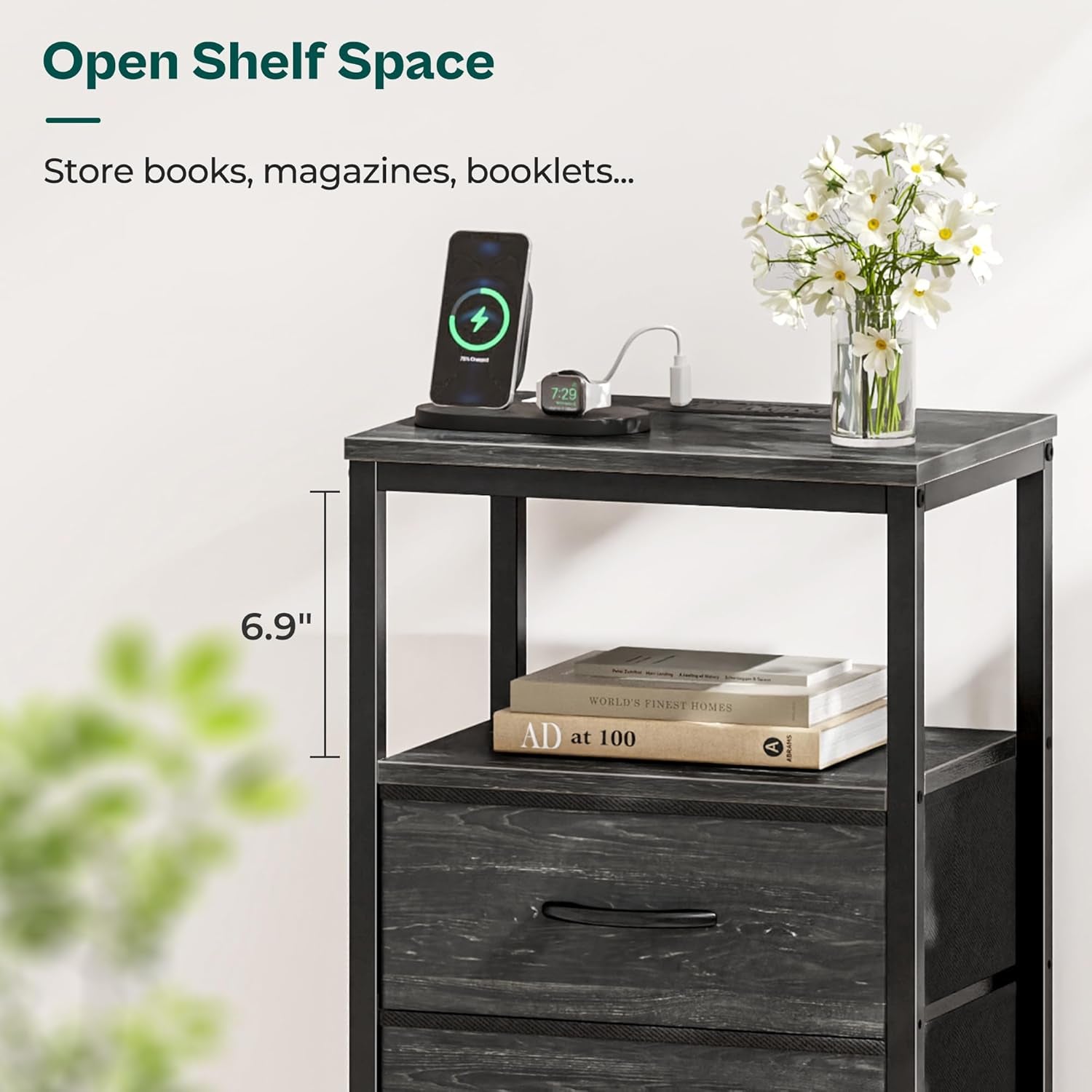 Elegant Nightstand with Integrated Charging Station, Fabric Storage Drawers, Open Shelf Design, USB Ports and Outlets, Charcoal Black Wood Grain Finish